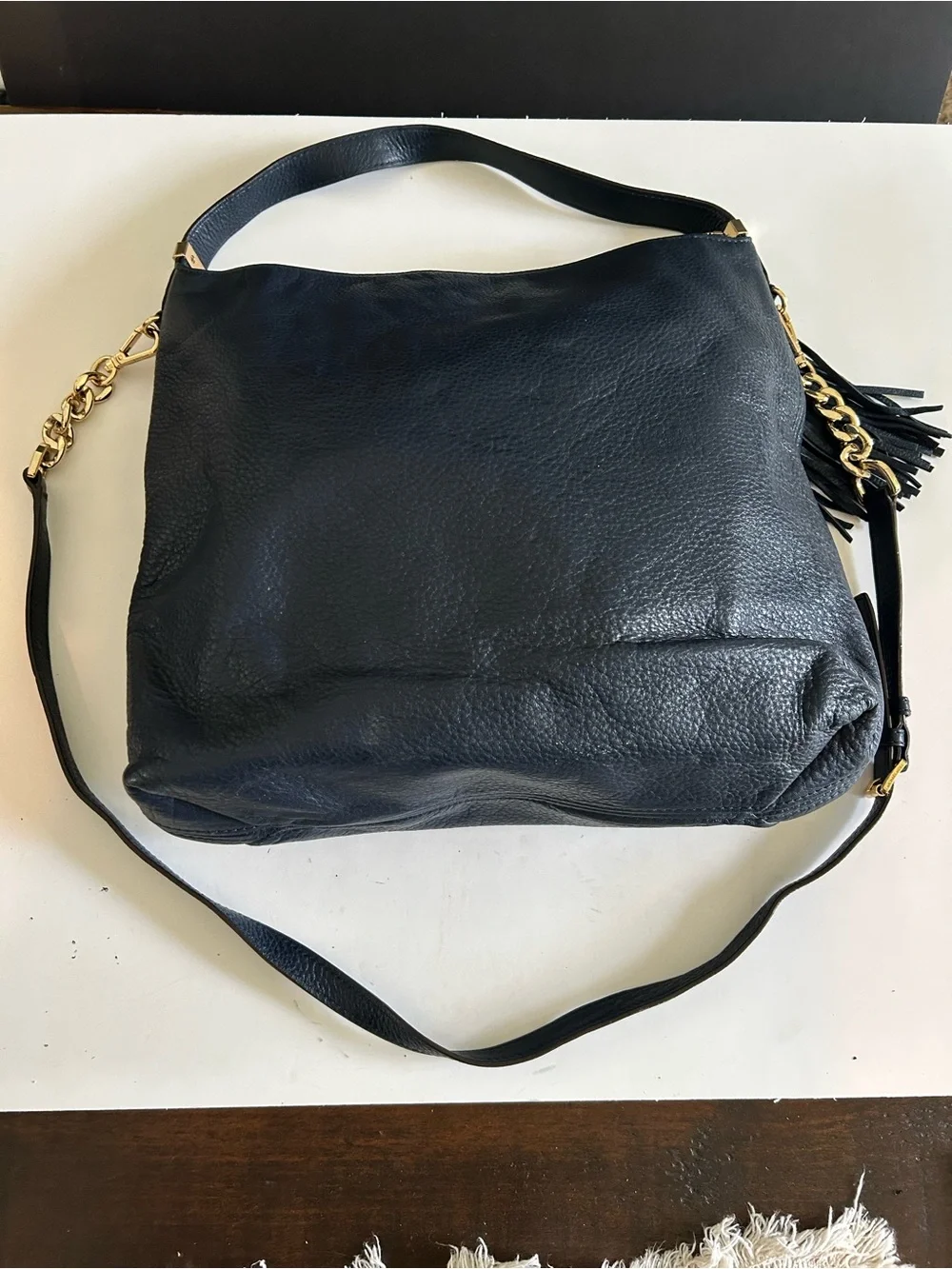 Michael Kors Navy Leather Tassel Shoulder Bag with Gold Hardware